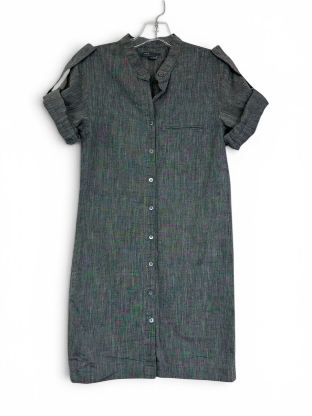 Vince Gray Button Front Shirt Dress XS Roll Tab Sleeve Cotton Ramie